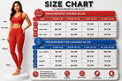 Size chart for bras and leggings with measurements in centimeters, featuring a model wearing red athletic wear.