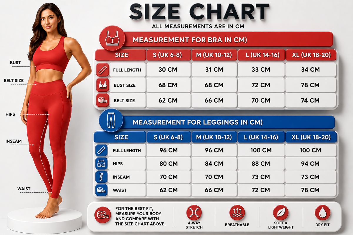 Size chart for bras and leggings with measurements in centimeters, featuring a model wearing red athletic wear.