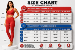 Size chart for bras and leggings with measurements in centimeters, featuring a model wearing red athletic wear.