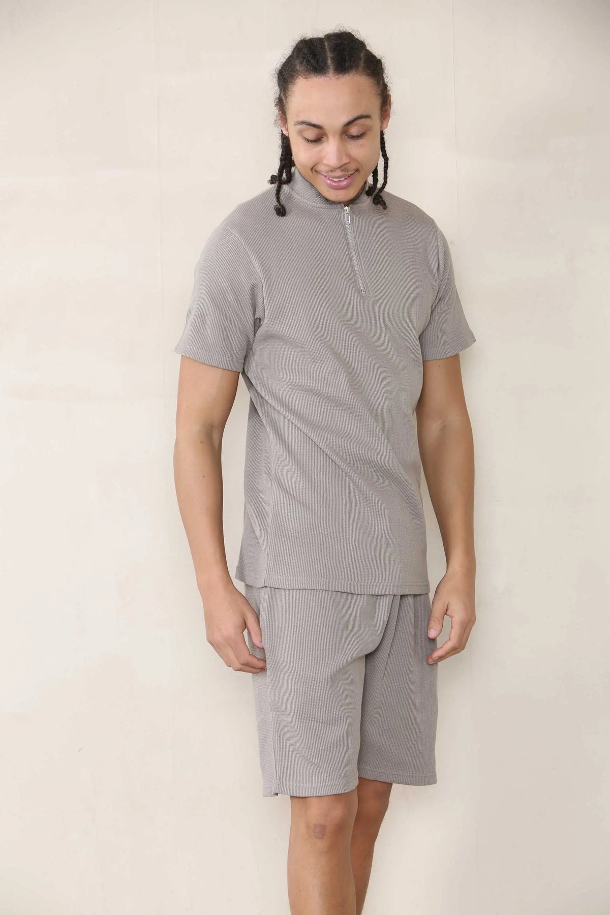 Slim Fit Waffle Bomber Neck Polo & Short Set - TAUPE Cicay