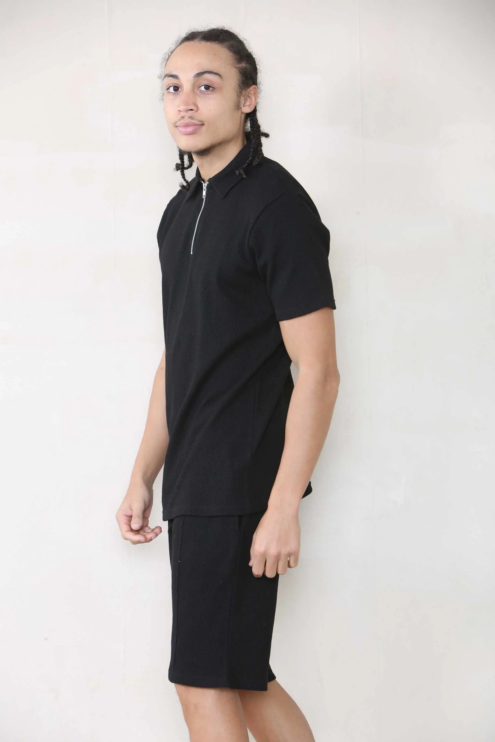 Slim Fit Waffle Polo & Short Set - Black Cicay