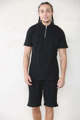 Slim Fit Waffle Polo & Short Set - Black Cicay