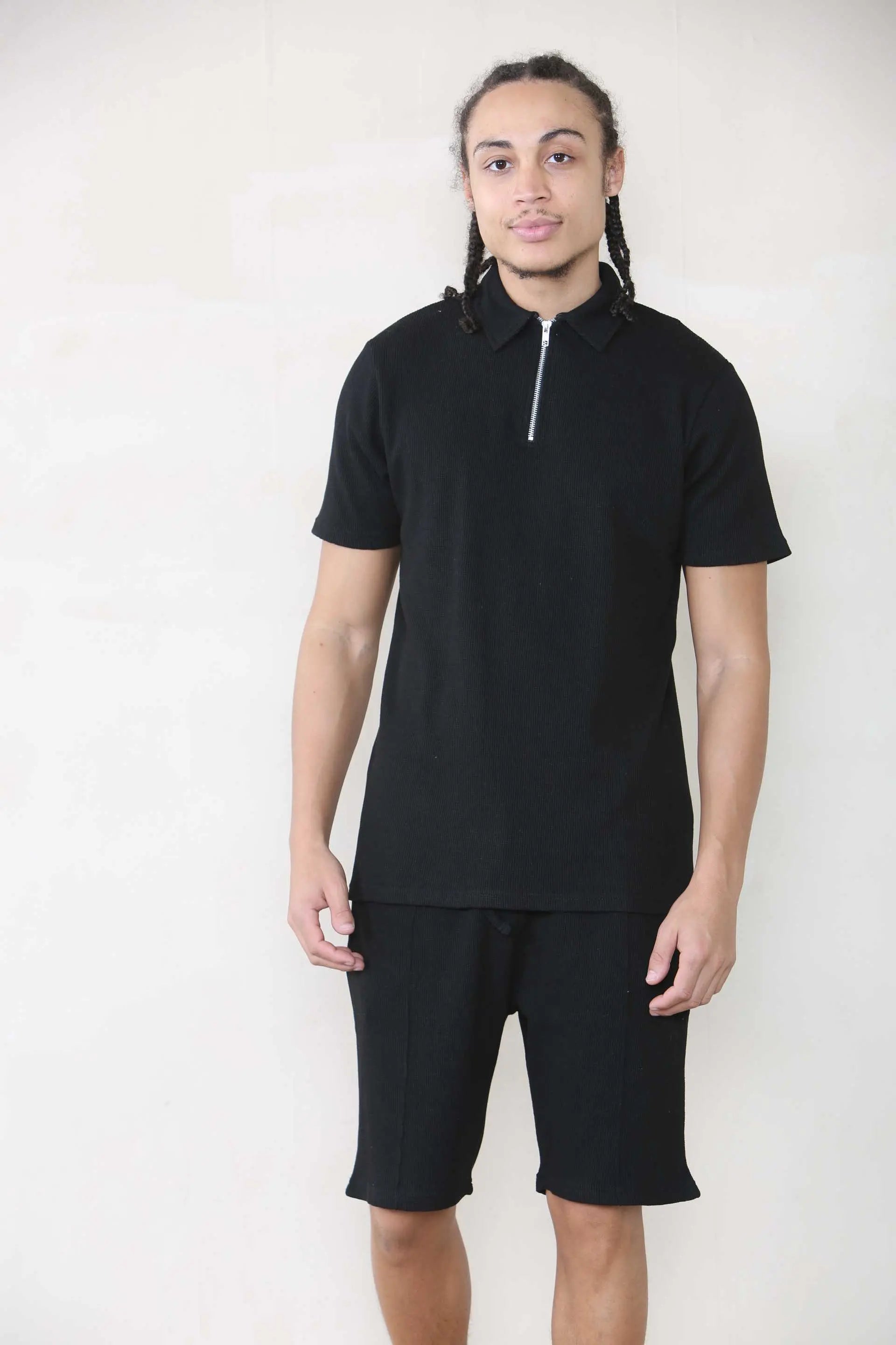 Slim Fit Waffle Polo & Short Set - Black Cicay