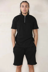 Slim Fit Waffle Polo & Short Set - Black Cicay