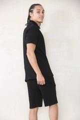 Slim Fit Waffle Polo & Short Set - Black Cicay