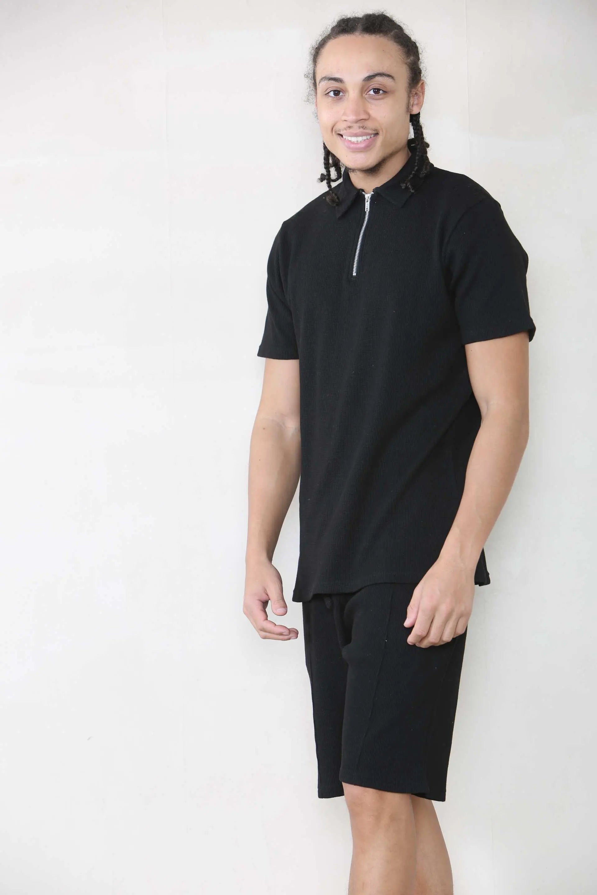 Slim Fit Waffle Polo & Short Set - Black Cicay