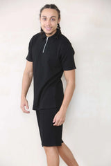 Slim Fit Waffle Polo & Short Set - Black Cicay