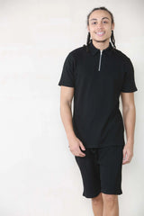 Slim Fit Waffle Polo & Short Set - Black Cicay