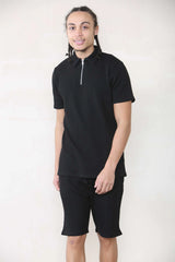 Slim Fit Waffle Polo & Short Set - Black Cicay