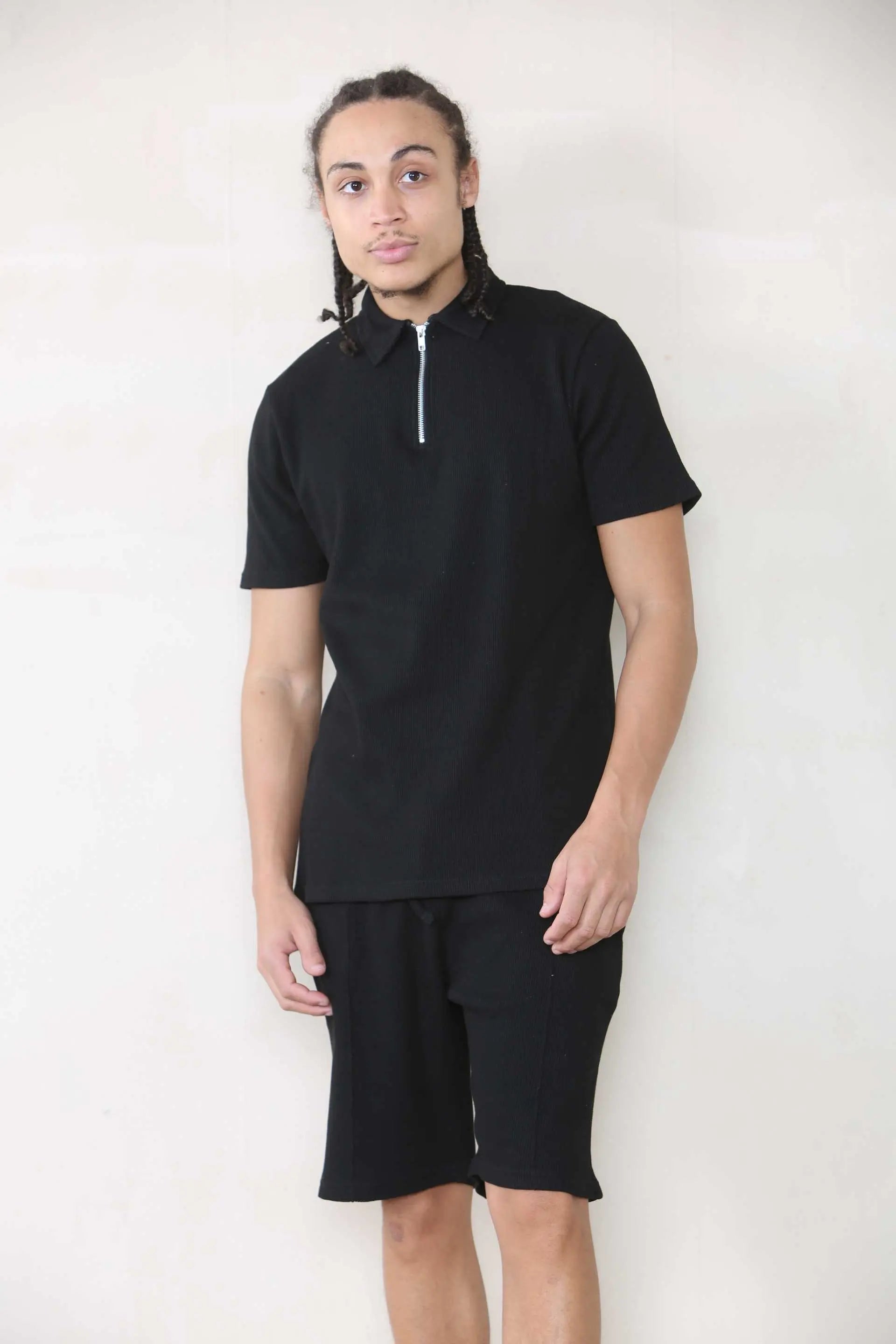 Slim Fit Waffle Polo & Short Set - Black Cicay