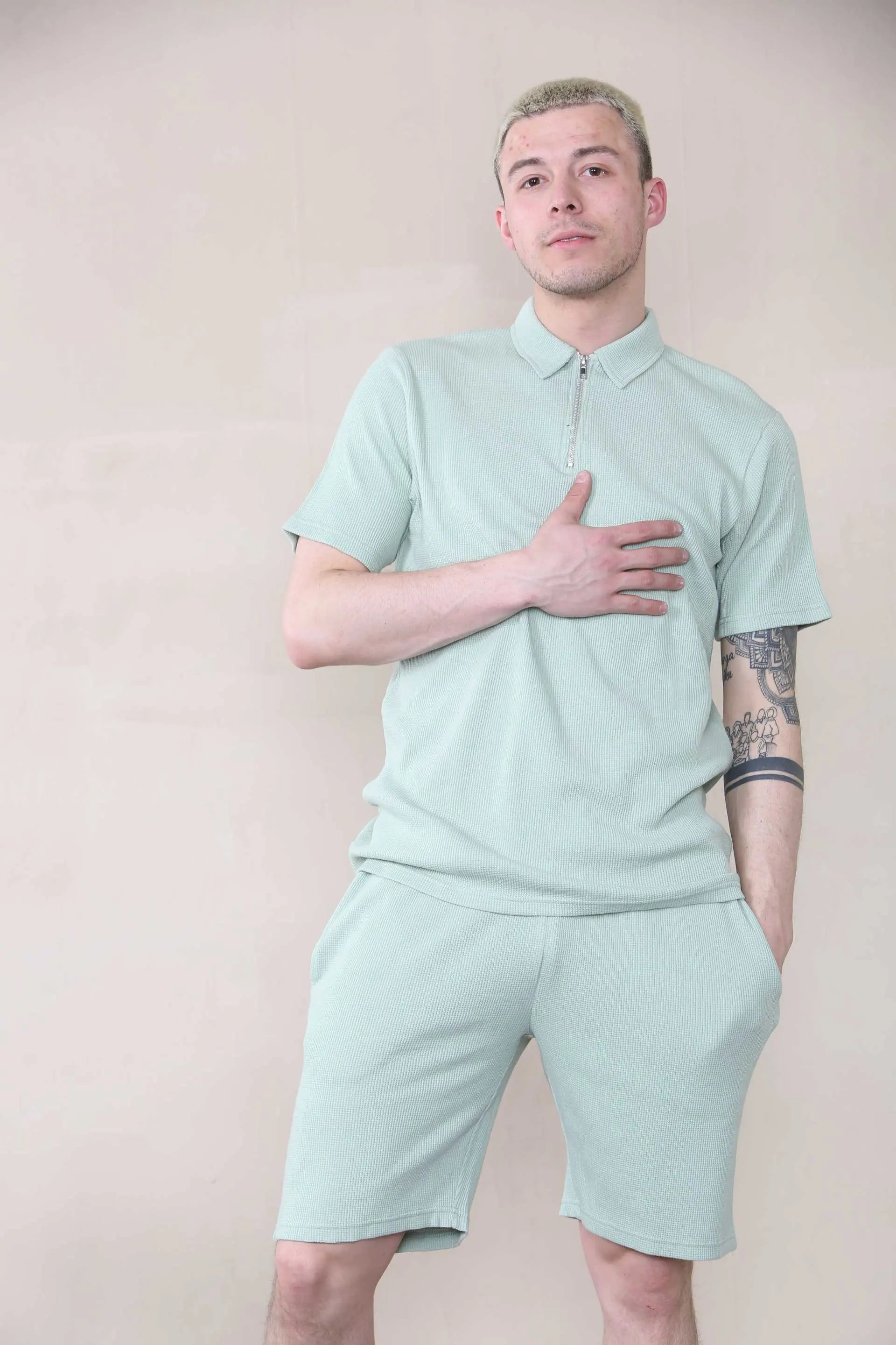 Slim Fit Waffle Polo & Short Set - Sage Cicay