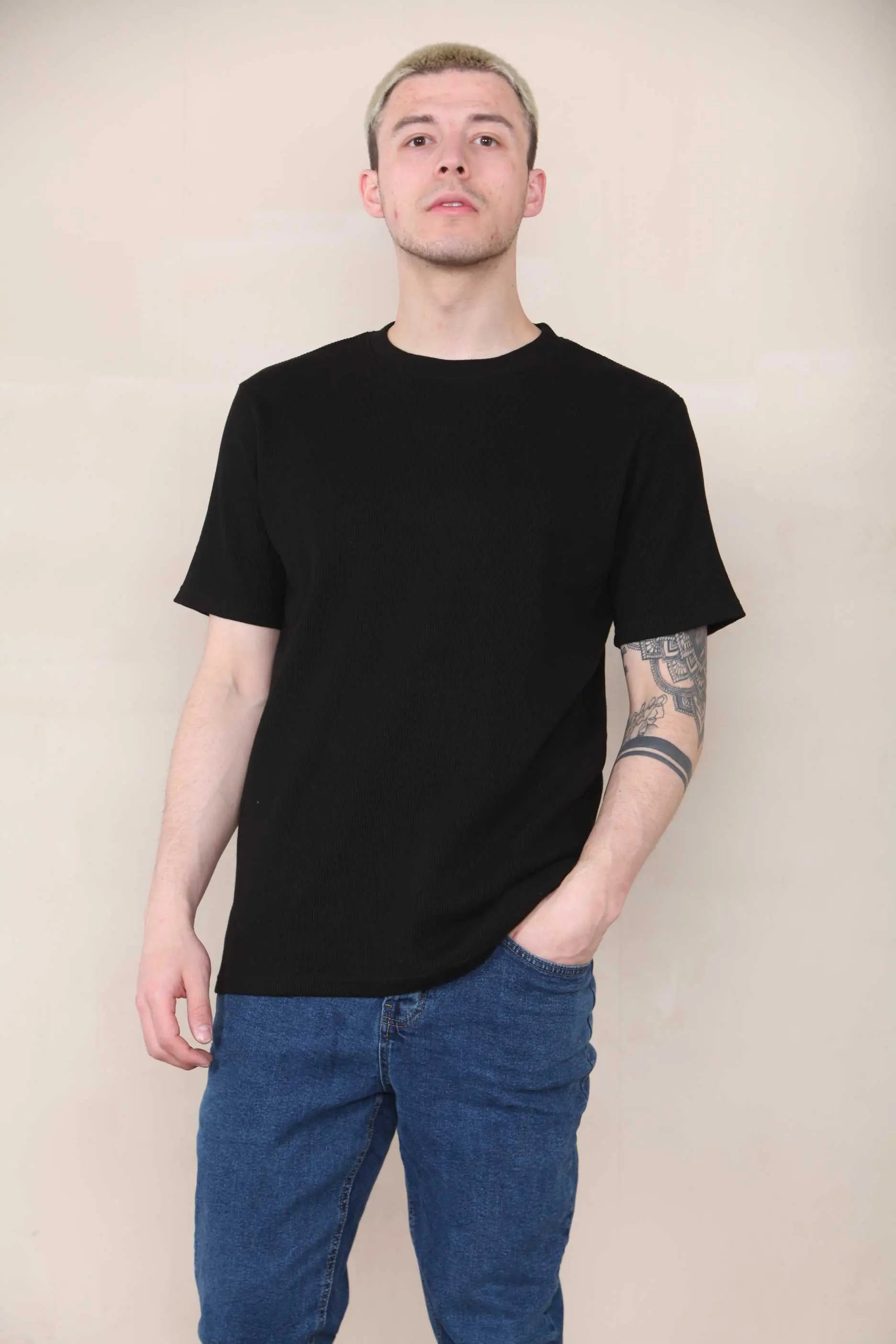 Slim Fit Waffle T-shirt - Black Cicay