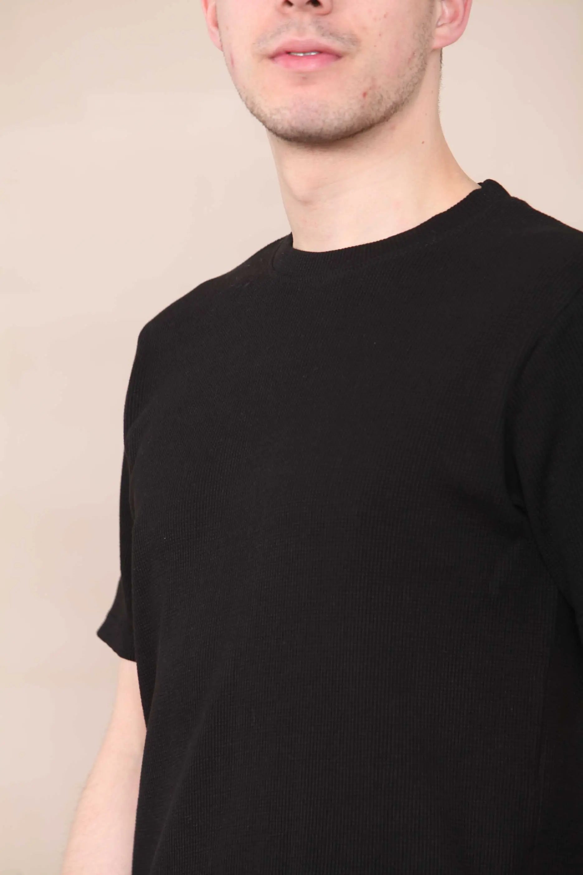 Slim Fit Waffle T-shirt - Black Cicay