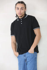 Slim Tipped Pique Polo - Black Cicay