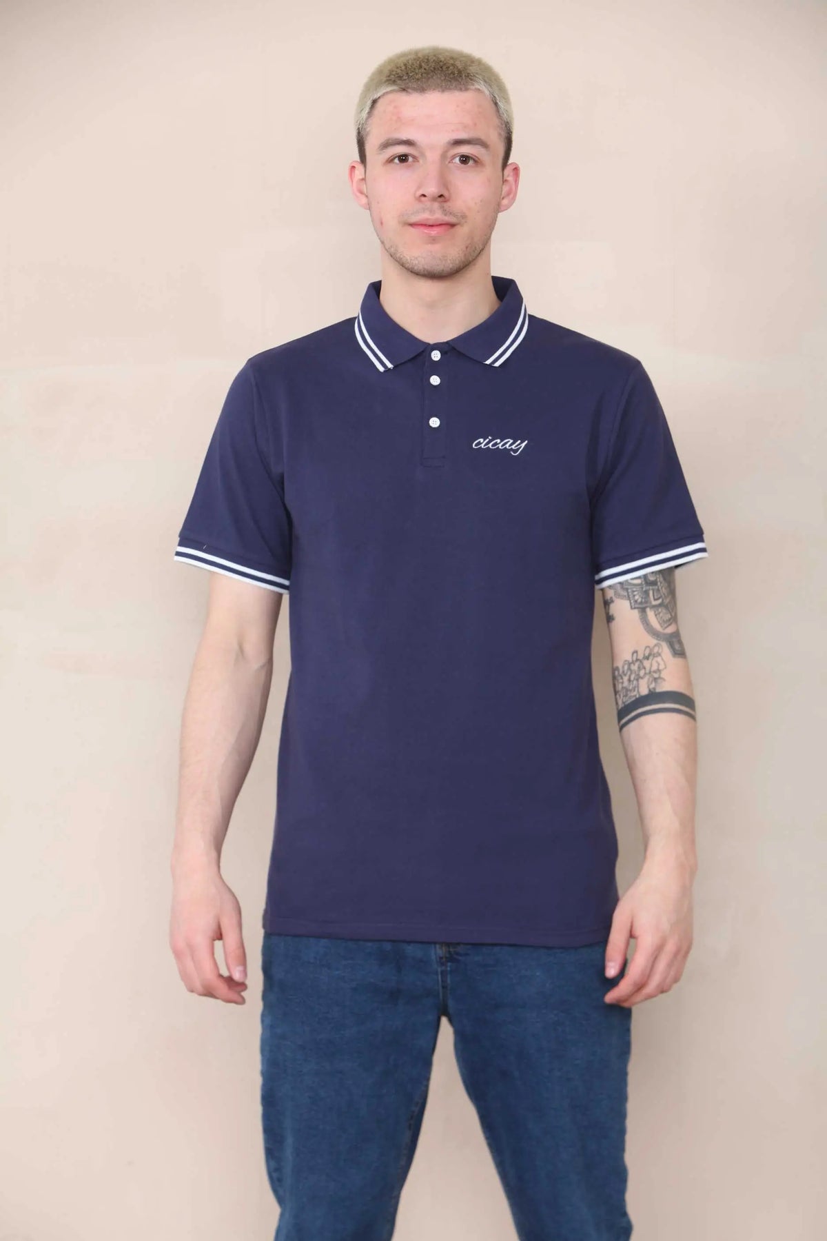 Slim Tipped Pique Polo - Mid Navy Cicay