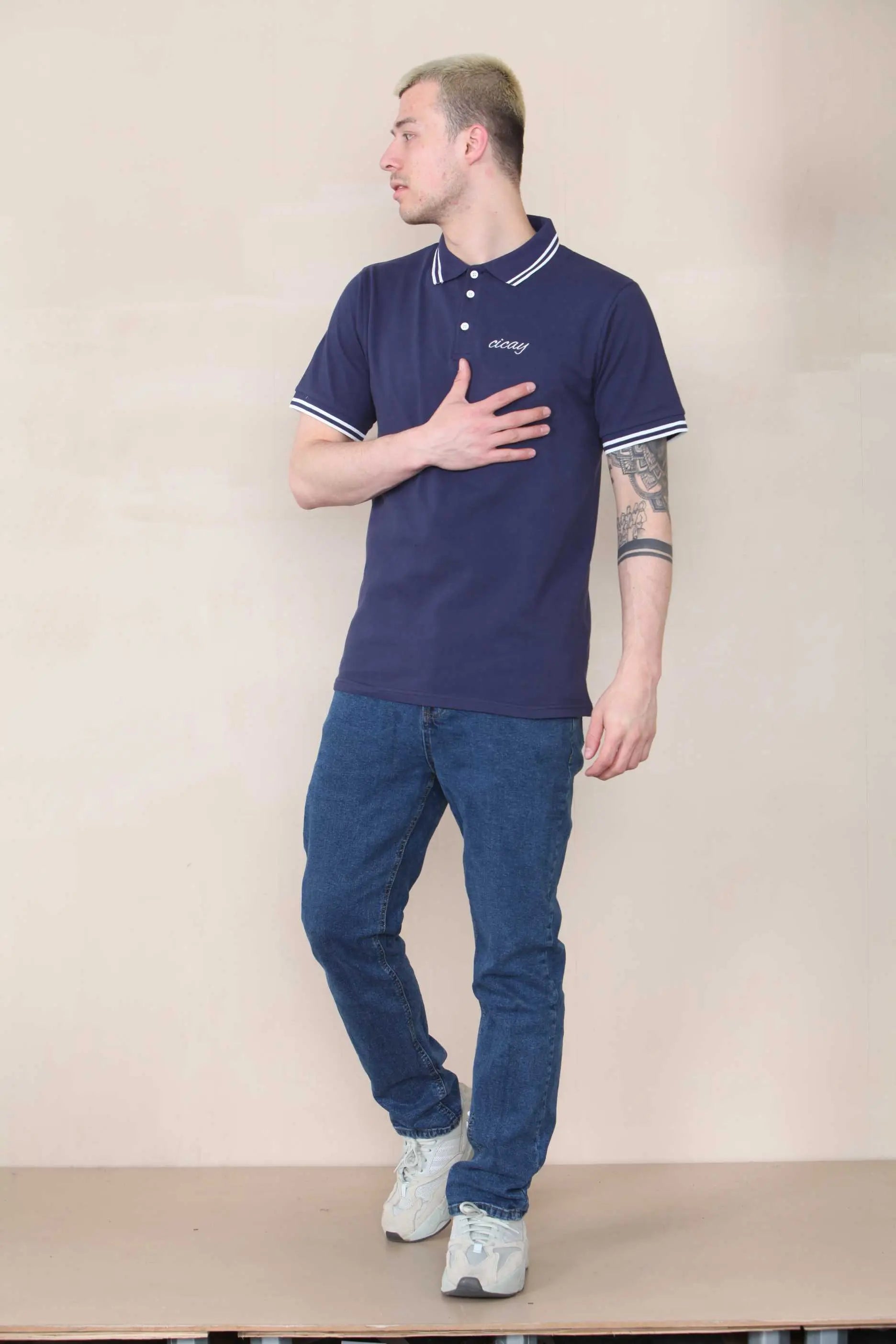 Slim Tipped Pique Polo - Mid Navy Cicay