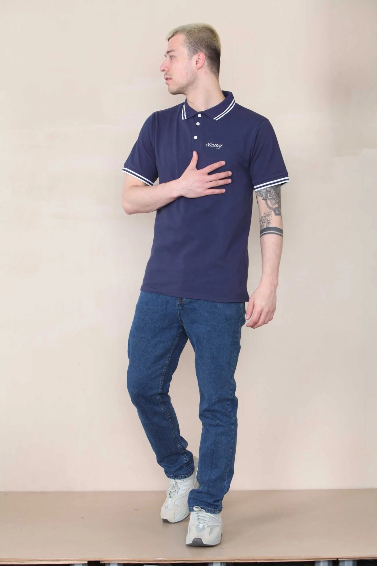 Slim Tipped Pique Polo - Mid Navy Cicay