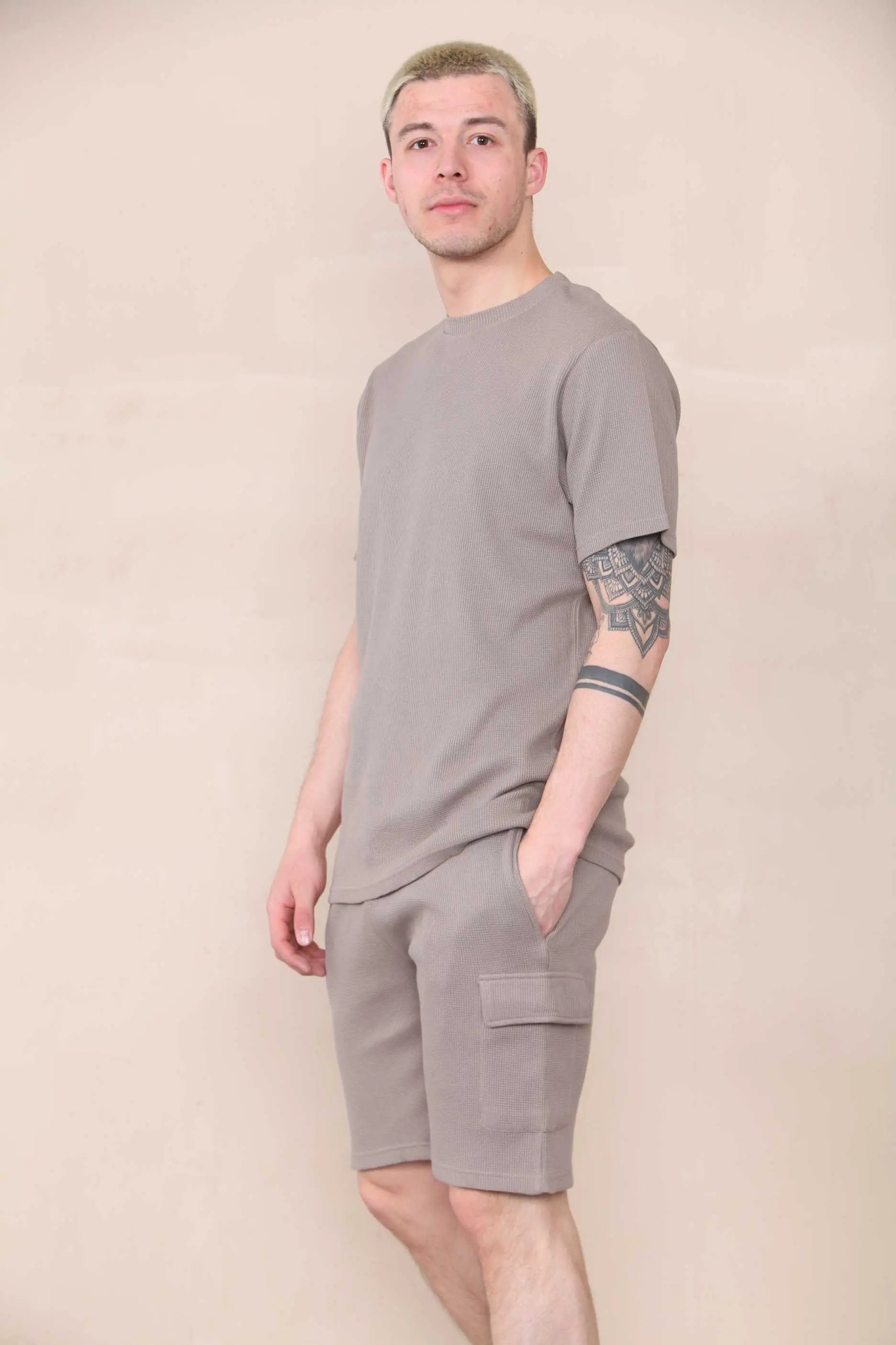 Slim Waffle T-shirt & Cargo Short Set -  Dark Taupe Cicay