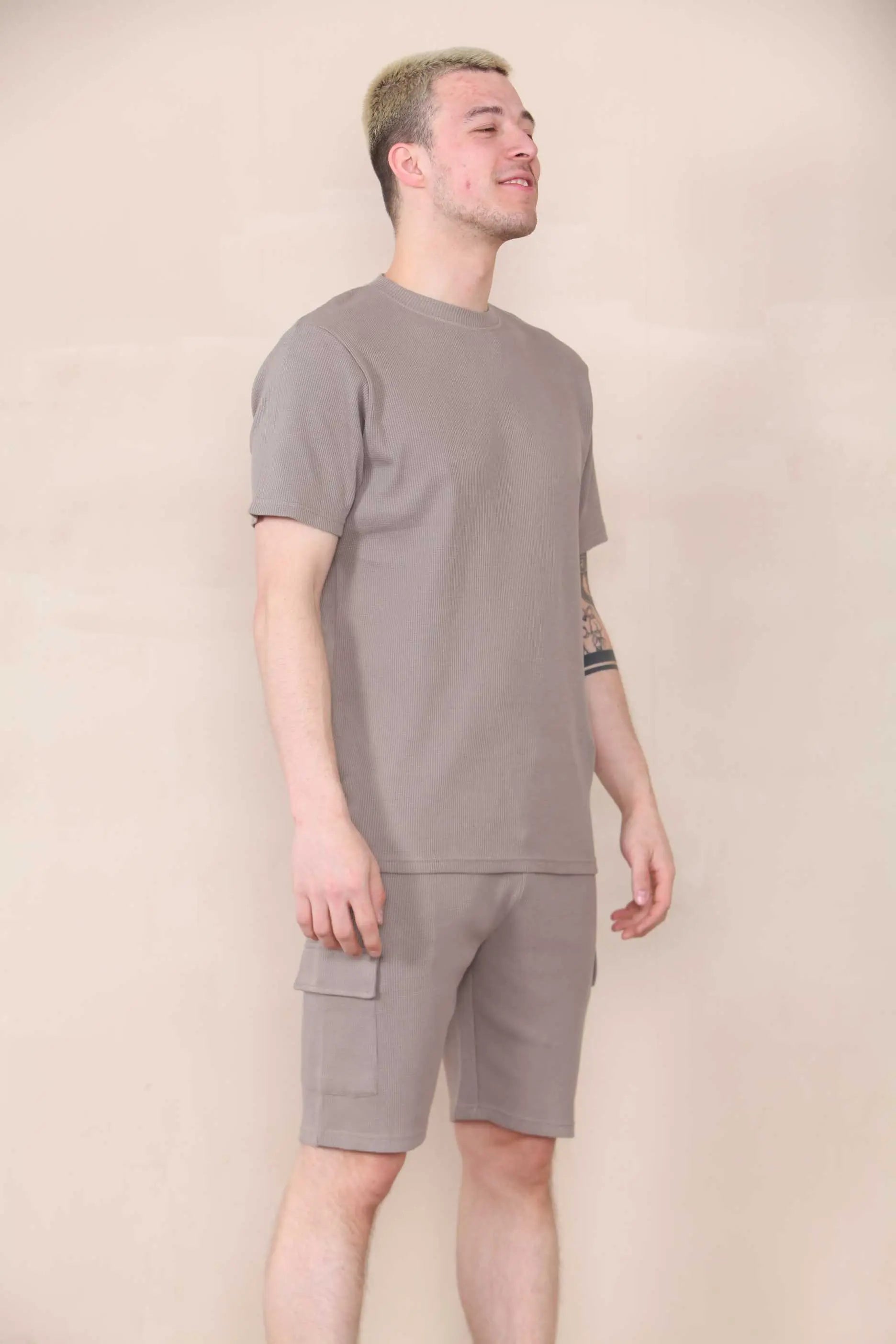 Slim Waffle T-shirt & Cargo Short Set -  Dark Taupe Cicay