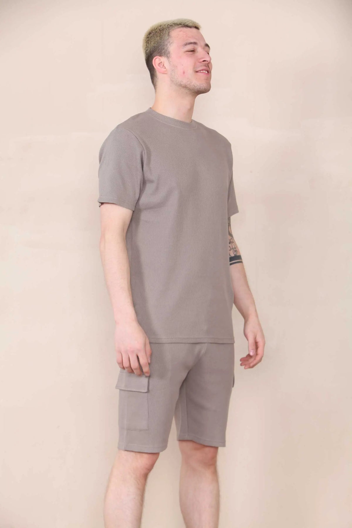 Slim Waffle T-shirt & Cargo Short Set -  Dark Taupe Cicay