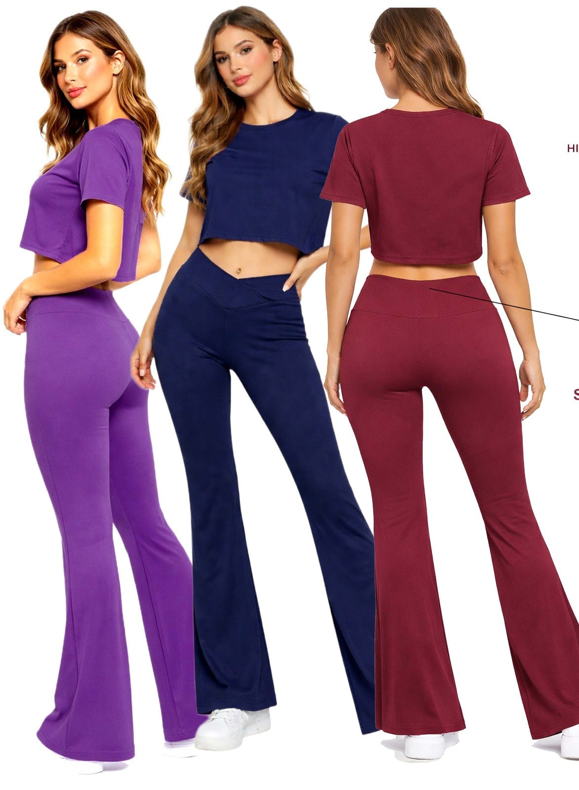 Three women modeling high-waist flare leggings and crop top sets in purple, navy blue, and burgundy colors. The image highlights product features including crossover waistband, non-see-through fabric, hidden storage pocket, seamless front design, 4-way stretch material, and flared leg style.
