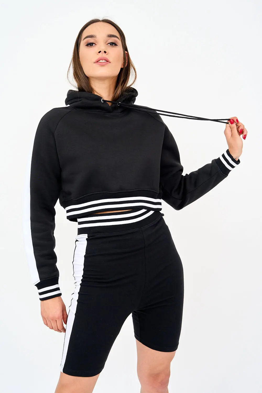 Tracksuit Womens Full Set | Contrast Side Panel Cropped Hoodie With Cycling short CICAY