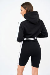 Women's Tracksuit Set Stylish Cropped Drawstring Hoodie with Panelled Design and Cycling Shorts Featuring Trendy Contrast Panels-2