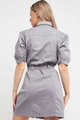 Balloon Sleeves Casual Pocketed Button Down Panelled Twill Dress-1