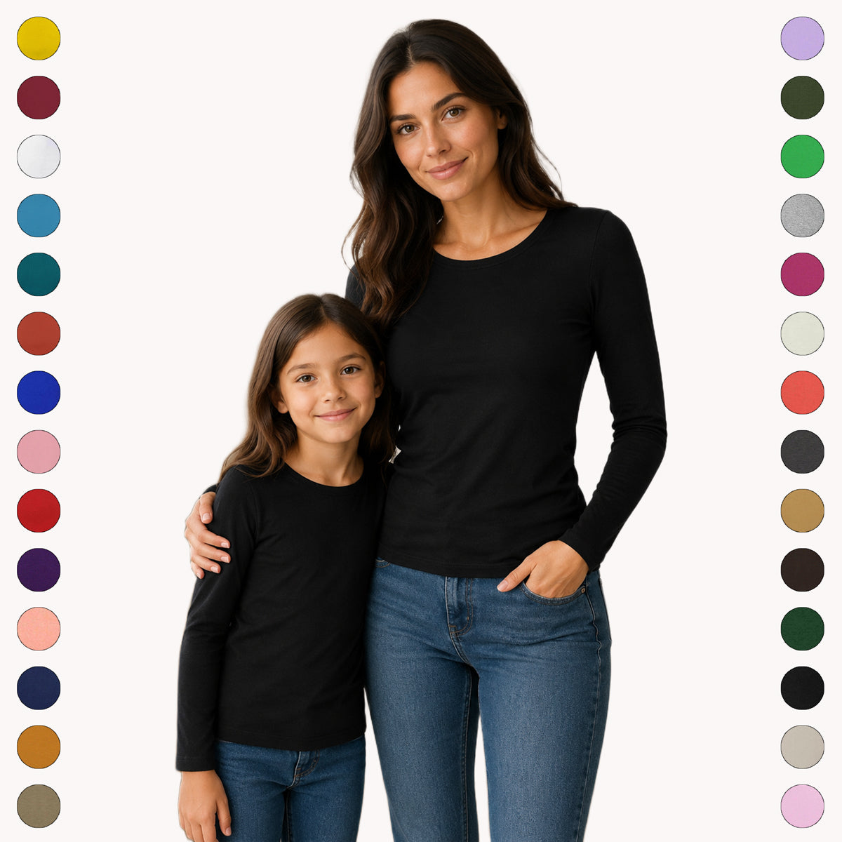 Two people wearing black long-sleeve shirts with color swatches on the sides.