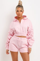 Ruched Sleeves Crop Zip Hoodie and Short Tracksuit Co-ord Set