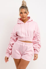 Ruched Sleeves Crop Zip Hoodie and Short Tracksuit Co-ord Set