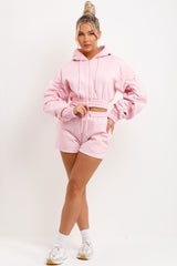 Ruched Sleeves Crop Zip Hoodie and Short Tracksuit Co-ord Set