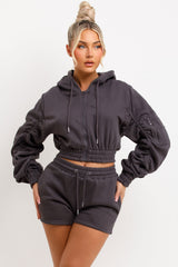 Ruched Sleeves Crop Hoodie And Short Tracksuit Co-ord Set