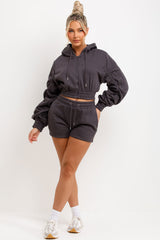 Ruched Sleeves Crop Hoodie And Short Tracksuit Co-ord Set