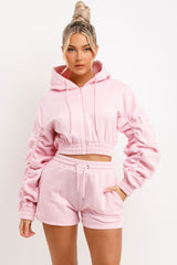 Ruched Sleeves Crop Zip Hoodie and Short Tracksuit Co-ord Set