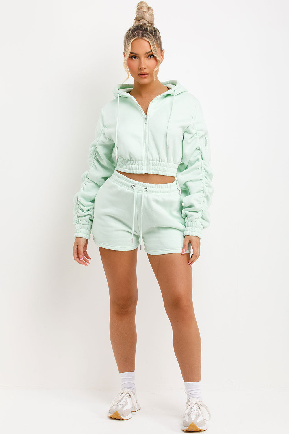 Ruched Sleeves Crop Hoodie and Short Tracksuit Co-ord Set Cicay