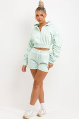 Ruched Sleeves Crop Hoodie and Short Tracksuit Co-ord Set