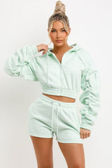 Ruched Sleeves Crop Hoodie and Short Tracksuit Co-ord Set