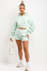 Ruched Sleeves Crop Hoodie and Short Tracksuit Co-ord Set