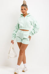 Ruched Sleeves Crop Hoodie and Short Tracksuit Co-ord Set