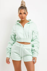 Ruched Sleeves Crop Hoodie and Short Tracksuit Co-ord Set