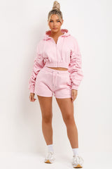 Ruched Sleeves Crop Zip Hoodie and Short Tracksuit Co-ord Set