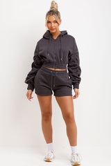 Ruched Sleeves Crop Hoodie And Short Tracksuit Co-ord Set