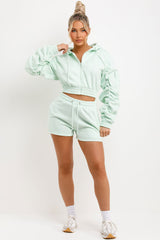 Ruched Sleeves Crop Hoodie and Short Tracksuit Co-ord Set