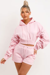 Ruched Sleeves Crop Zip Hoodie and Short Tracksuit Co-ord Set