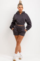 Ruched Sleeves Crop Hoodie And Short Tracksuit Co-ord Set