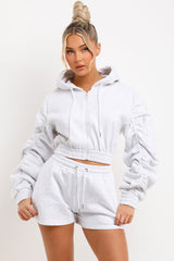 Ruched Sleeves Crop Zip Hoodie and Short Tracksuit Co-ord Set