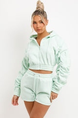 Ruched Sleeves Crop Hoodie and Short Tracksuit Co-ord Set