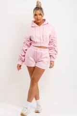 Ruched Sleeves Crop Zip Hoodie and Short Tracksuit Co-ord Set