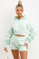 Ruched Sleeves Crop Hoodie and Short Tracksuit Co-ord Set